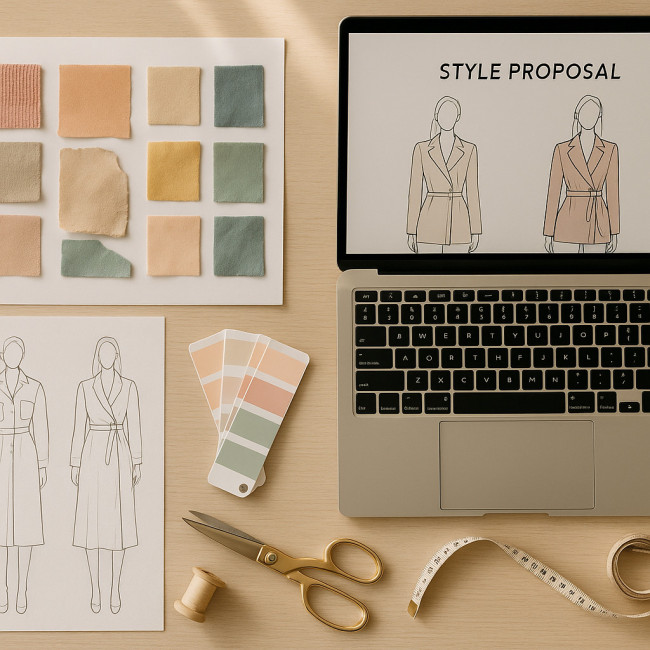 Styliste préparant une proposition de style sur un bureau élégant