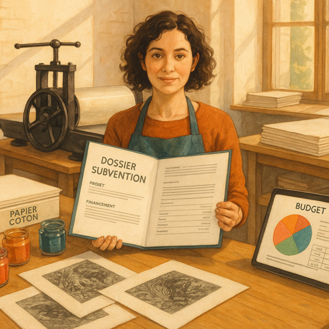 artiste présentant son dossier de subvention pour une série d'estampes