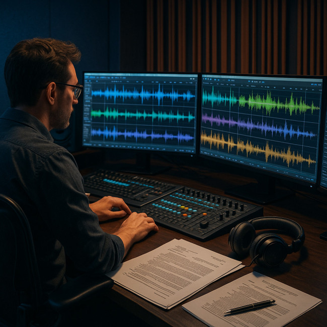 superviseur de synchro choisissant de la musique sur plusieurs écrans