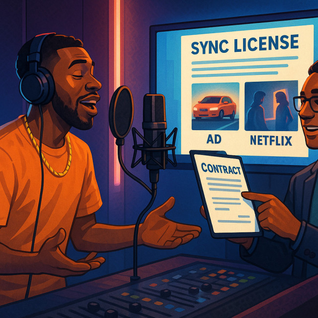 Rappeur en studio examinant un contrat de synchro avec un superviseur
