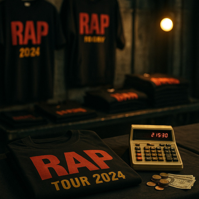 t-shirt de tournée rap et calculatrice illustrant le calcul de marge