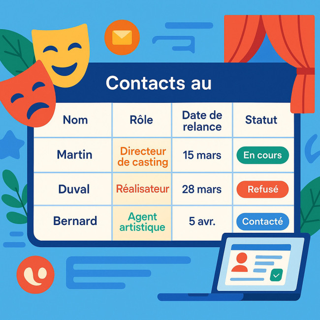 Tableau de suivi des contacts théâtre sur ordinateur