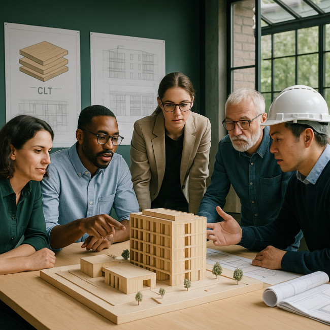 Architectes discutant autour d'une table ronde dédiée au bois durable