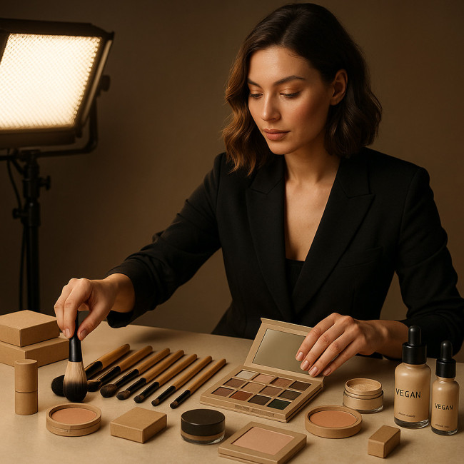 Maquilleuse préparant son kit en studio