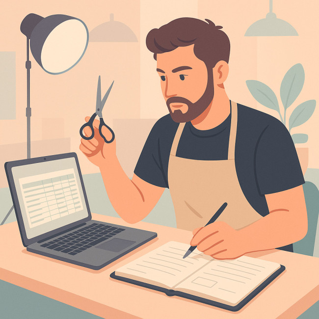 coiffeur freelance calculant ses tarifs sur son ordinateur