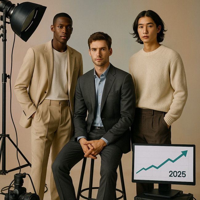trois mannequins hommes en studio devant un graphique sur les tarifs 2025