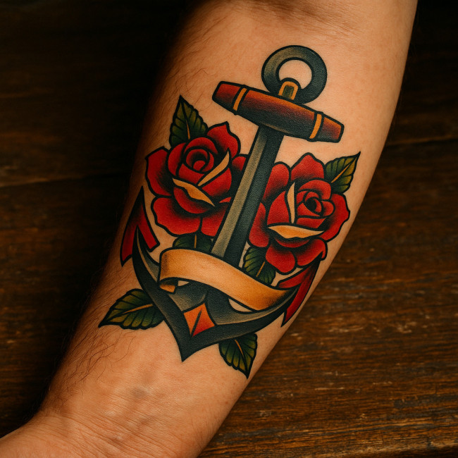 Tatouage Old School ancre et roses couleurs vives