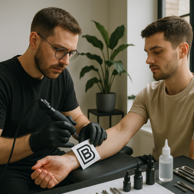 tatoueur qui dessine un motif de marque sur le bras d'un modèle