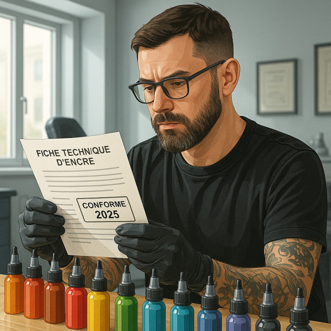 Tatoueur vérifiant la conformité d'une encre 2025