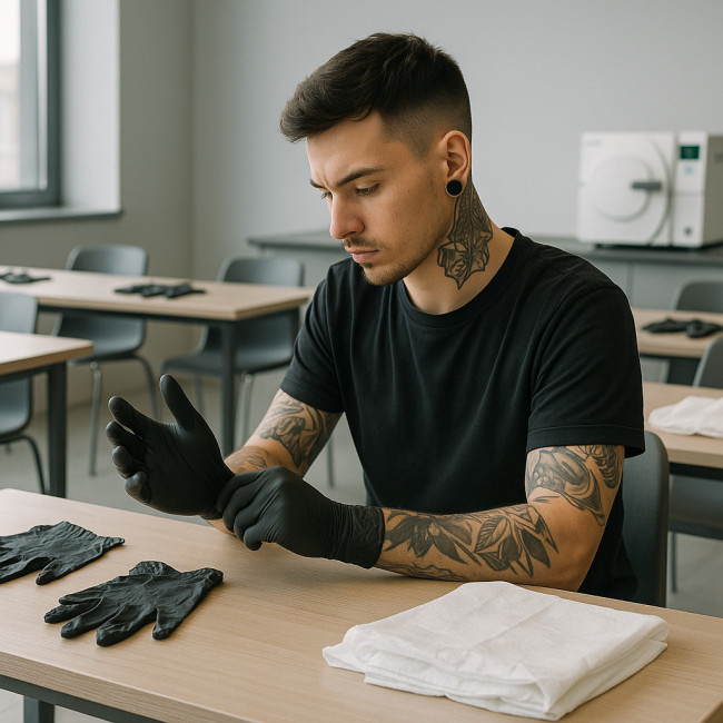 Jeune tatoueur suivant un séminaire hygiène et sécurité