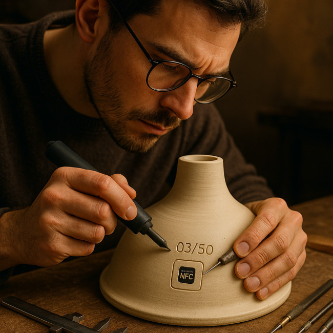 Artisan gravant un luminaire numéroté avec puce NFC