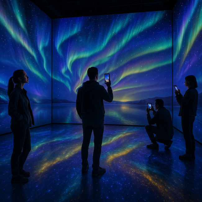 Salle d'exposition photo immersive avec projections et visiteurs