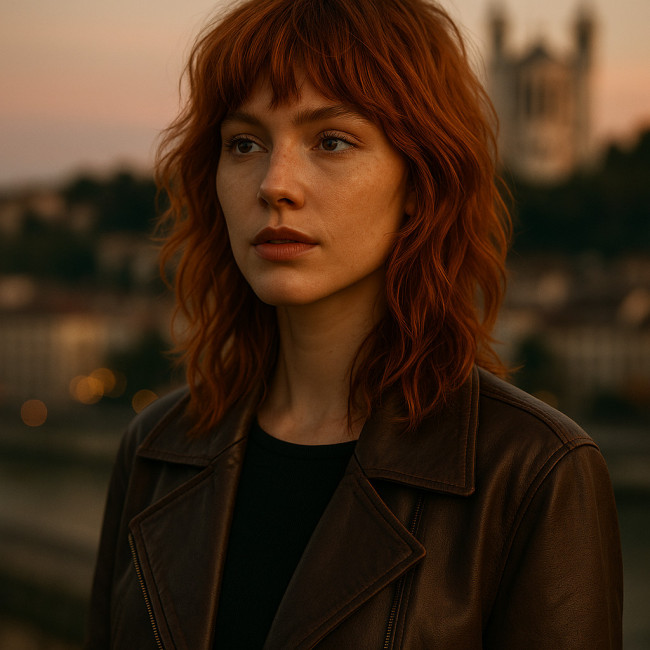 Modèle aux cheveux cuivrés tendance 2025 à Lyon