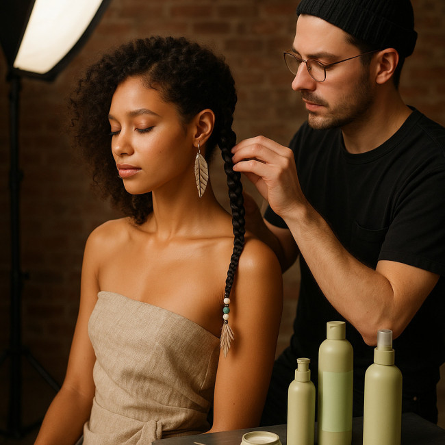 Hair artist ajustant une coiffure inclusive lors d'un shooting éditorial à Paris