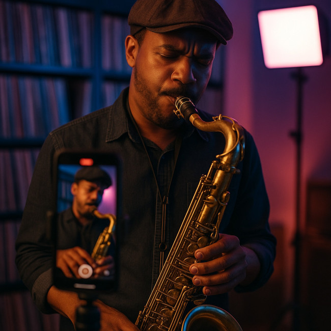 Musicien jazz filmant un solo vertical pour TikTok