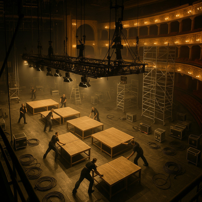 Montage accéléré d'un décor de spectacle vu du haut