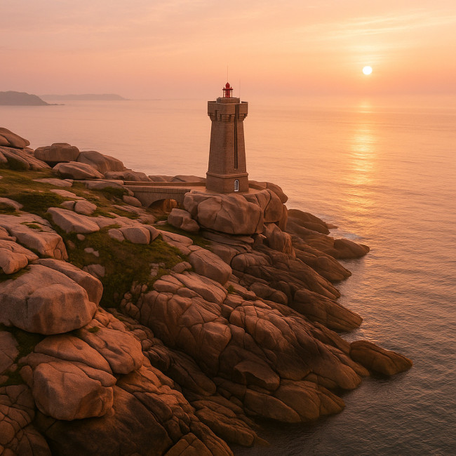 Phare breton sur la côte au soleil couchant