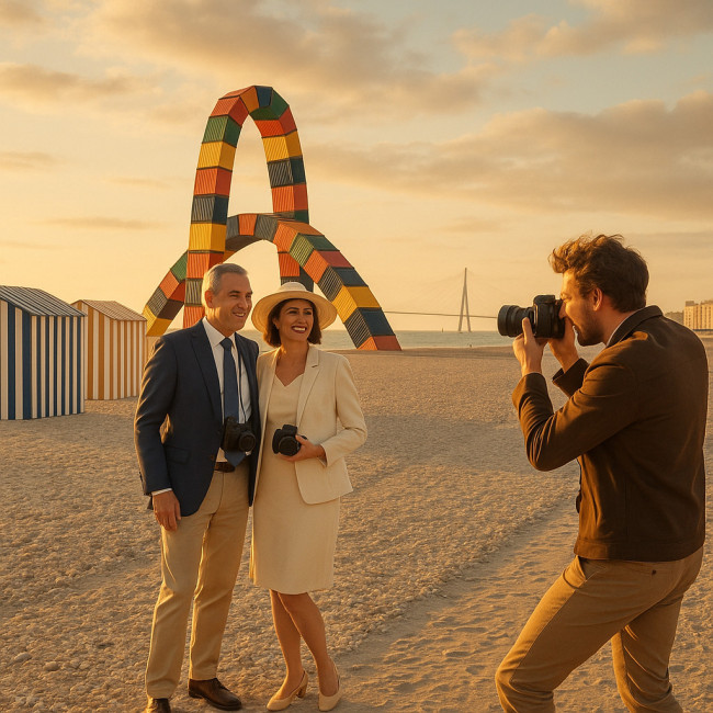 Couple de croisiéristes sur la plage du Havre au coucher du soleil