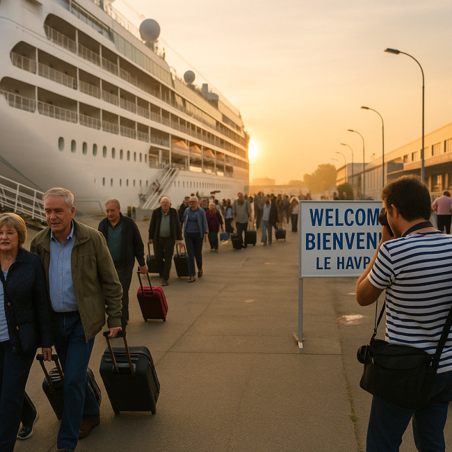 Paquebot au Havre et touristes anglophones descendus