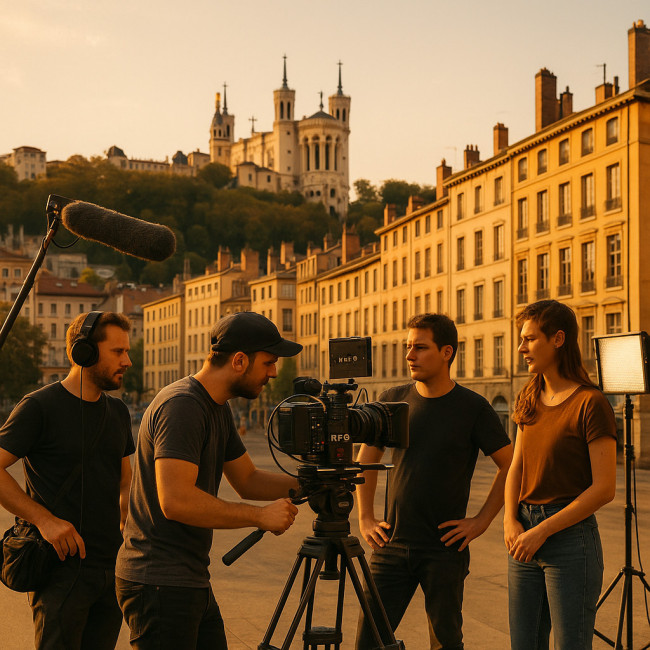équipe de tournage installée avec caméra et Fourvière en arrière-plan