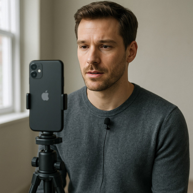 Acteur filmant un teaser vertical avec un smartphone sur trépied