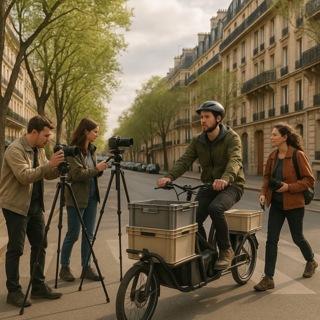 Équipe de tournage responsable à Paris se déplaçant en vélos cargo