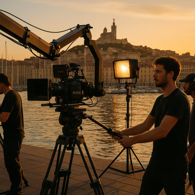 Équipe filmant au Vieux-Port de Marseille au coucher du soleil