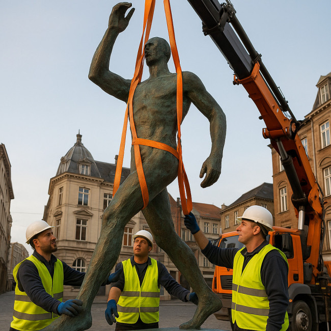 Grutage sécurisé d'une sculpture monumentale en ville