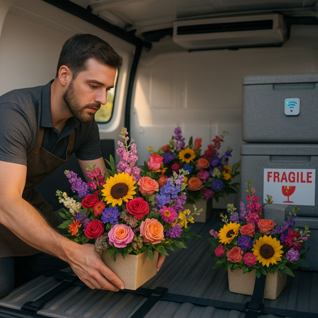 Fleuriste chargeant des bouquets dans un utilitaire réfrigéré