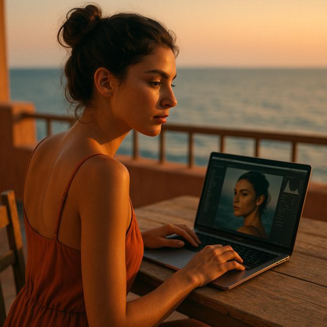 Modèle méditerranéenne triant ses photos au coucher du soleil