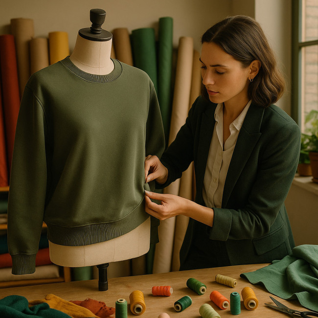 Styliste transformant un vêtement invendu en pièce upcyclée
