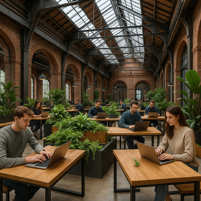Intérieur d'une filature réhabilitée en espace de coworking vert