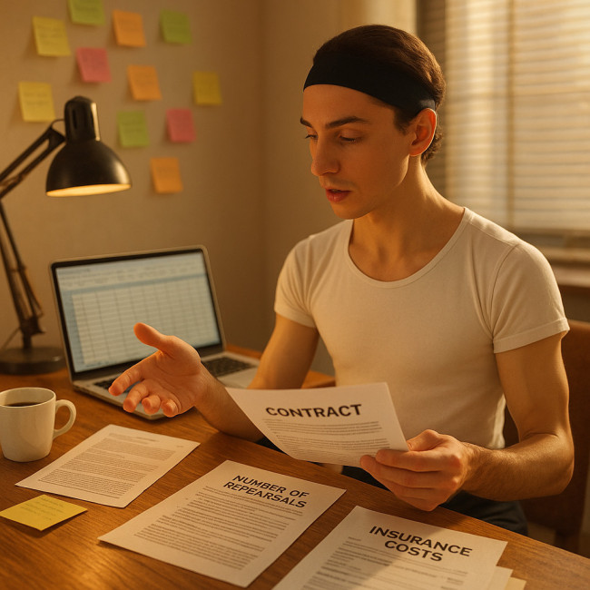 Danseur consultant un devis avec différentes variables de coût
