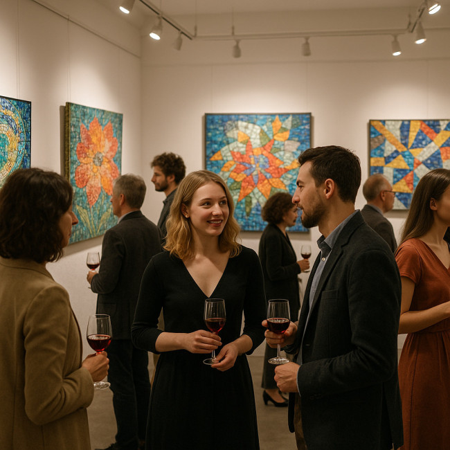 vernissage collectif de mosaïstes dans une galerie moderne