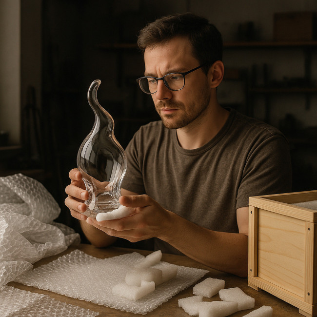 Verrier préparant une pièce de verre pour un transport international sécurisé