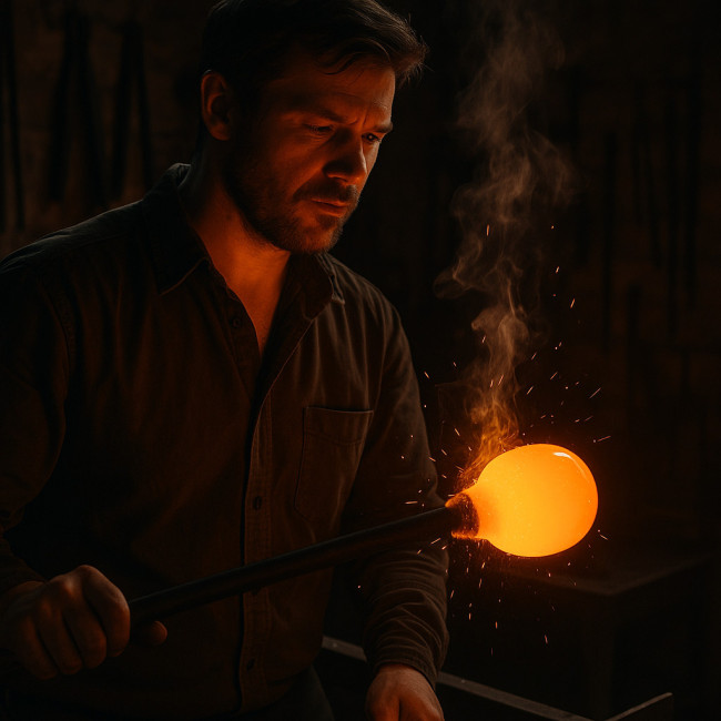 verrier façonnant une boule de verre en fusion