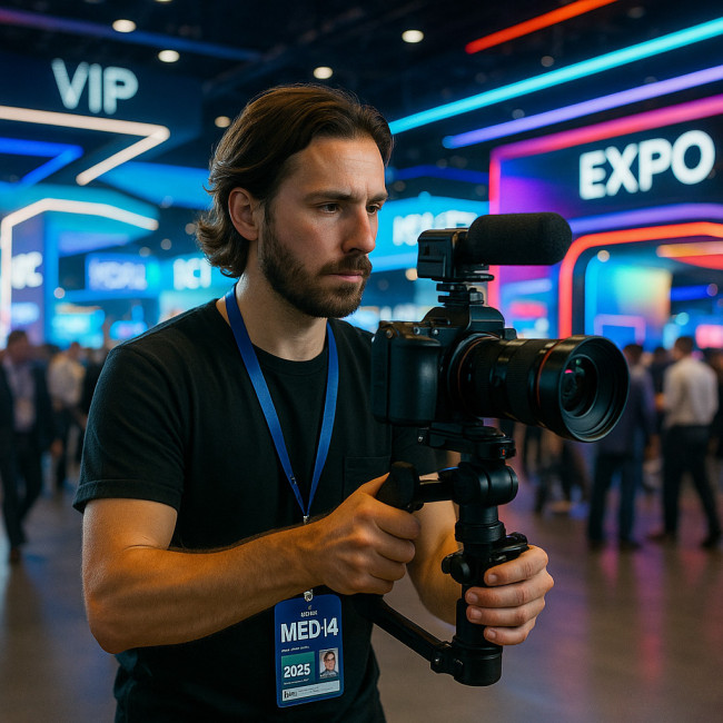 Vidéaste accrédité filmant dans un salon high-tech