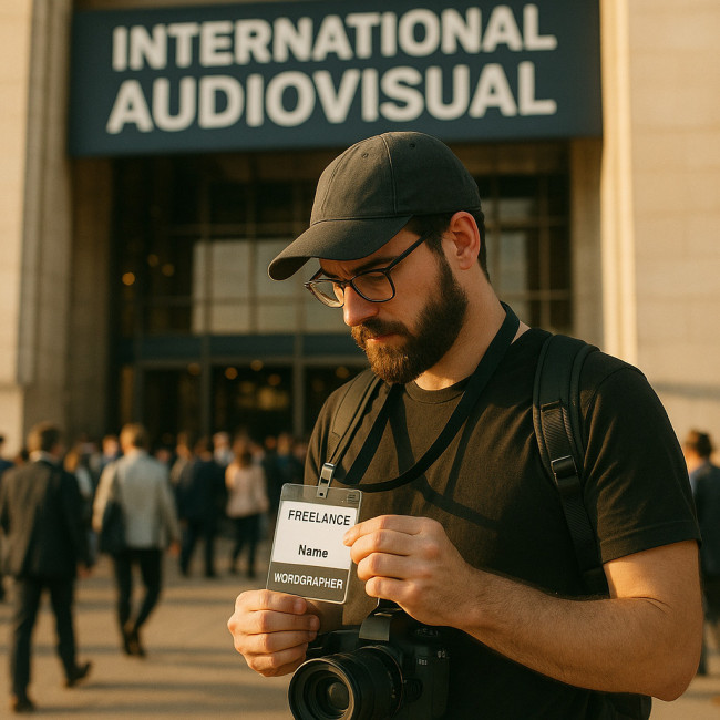 Vidéaste levant son badge pro devant un salon audiovisuel