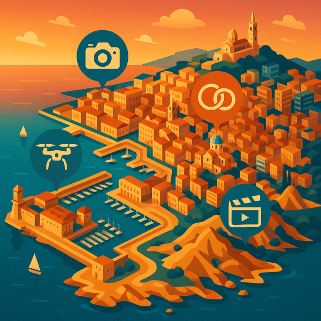 Carte stylisée de Marseille avec icônes vidéo