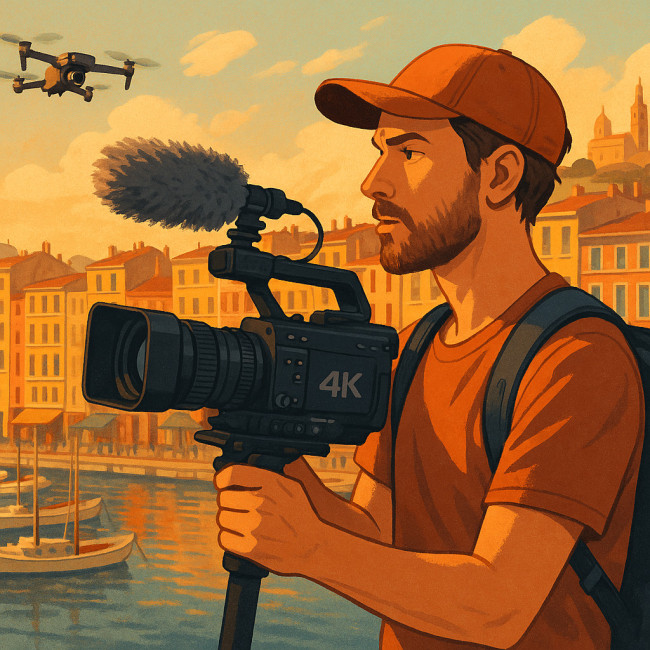 Vidéaste filmant au Vieux-Port de Marseille