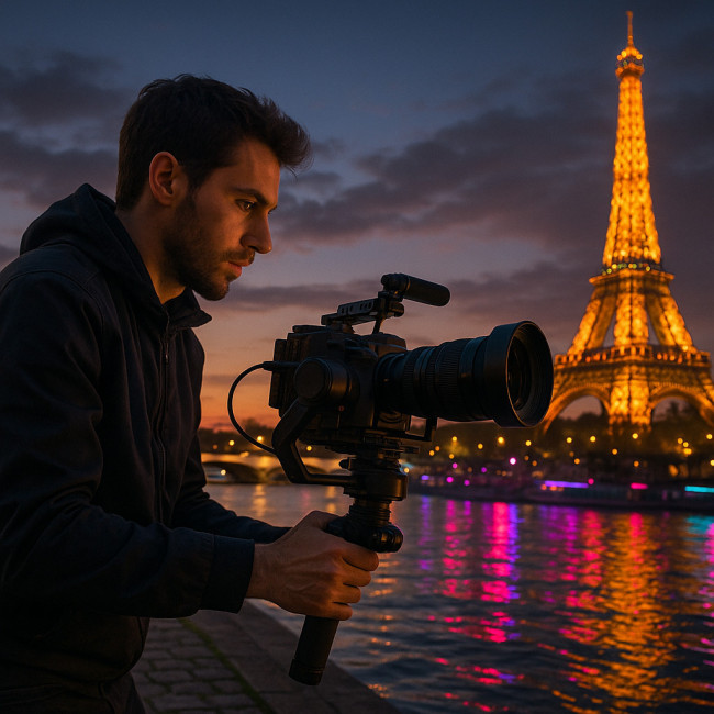 Vidéaste parisien filmant au bord de la Seine