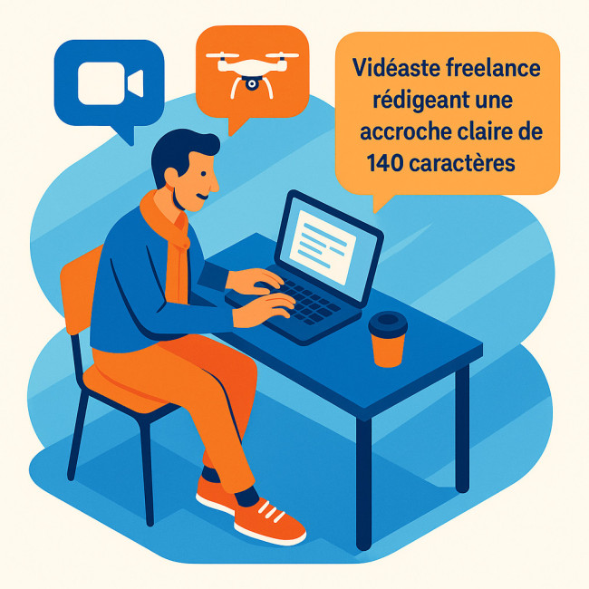 Vidéaste écrivant une accroche de 140 caractères pour son annuaire