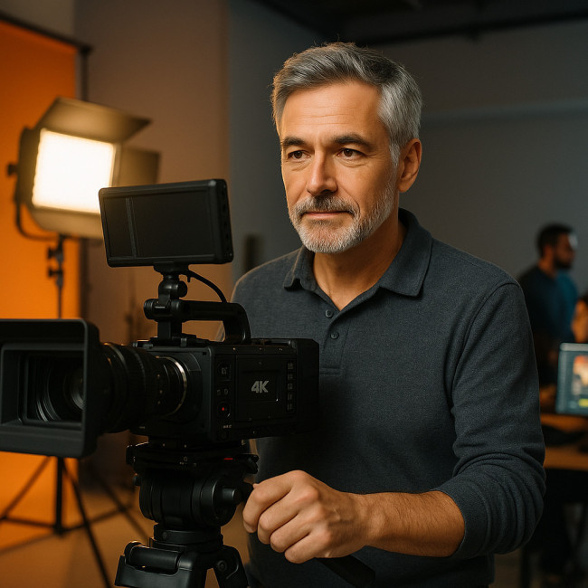 Vidéaste senior en plein tournage dans un studio moderne