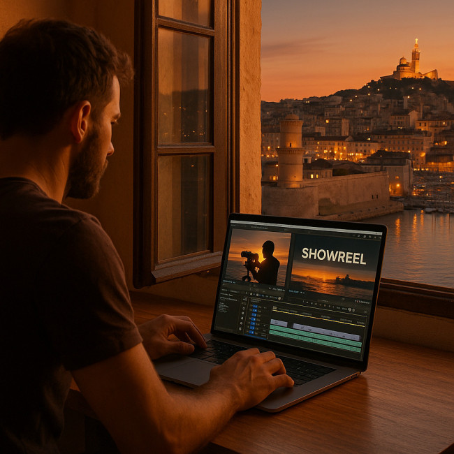 Vidéaste qui monte son showreel face au Vieux-Port de Marseille