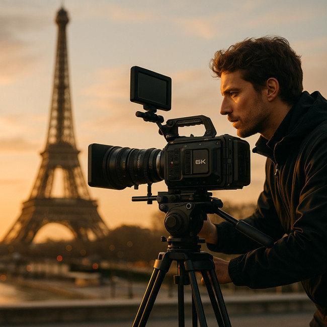 Vidéaste en plein tournage près de la Tour Eiffel