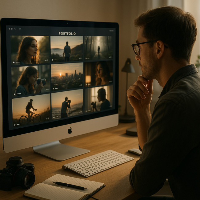 portfolio en ligne affichant des vidéos sur un écran d'ordinateur