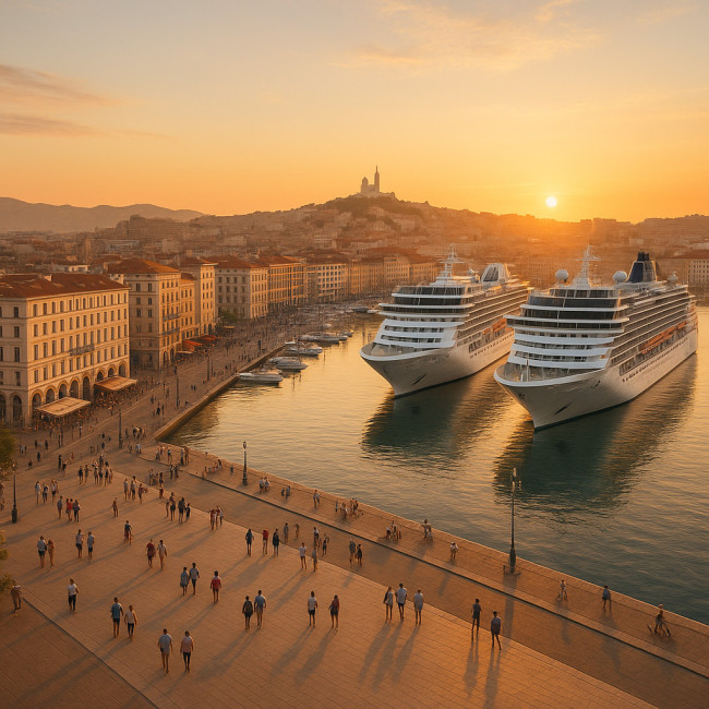 Vue aérienne du Vieux-Port avec hôtels et navires de croisière
