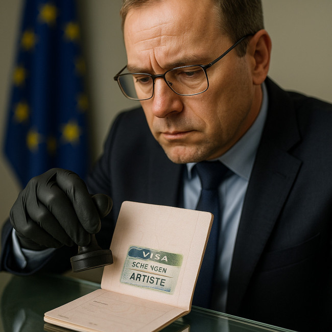 agent consulaire vérifiant passeport visa artiste