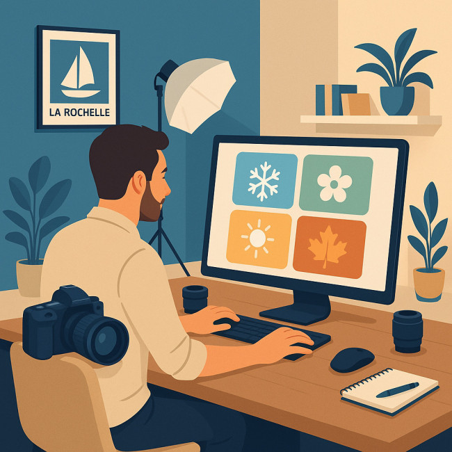 Visuel d'un photographe rochelais planifiant sa visibilité digitale