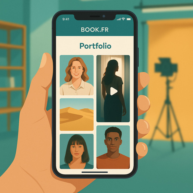 smartphone montrant un portfolio au format carré et vertical